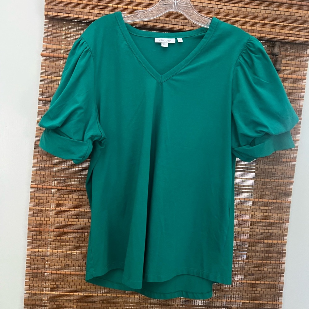 Chico's Teal Green V-Neck Puff Sleeve Top